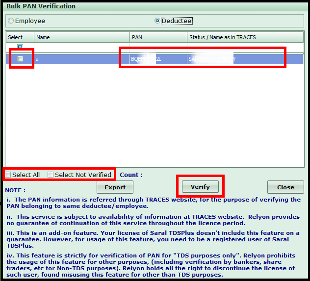 PAN Verification in Saral TDS - Select employee
