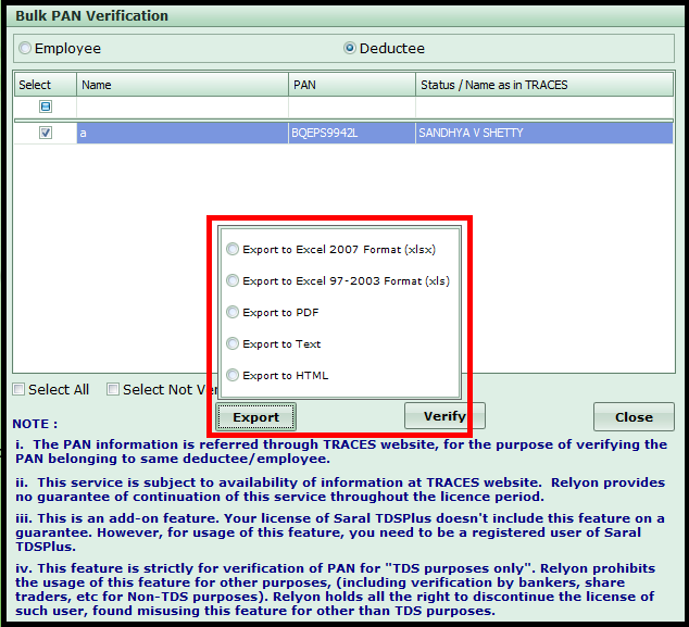 PAN Verification in Saral TDS - export