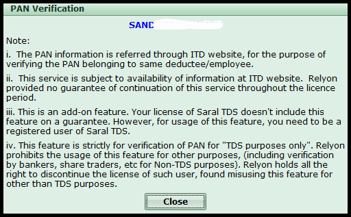 PAN Verification in Saral TDS -Name of the PAN