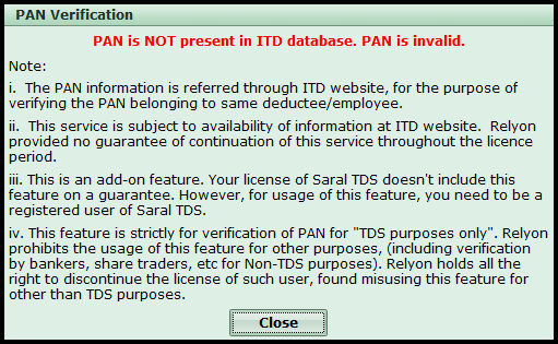 PAN Verification in Saral TDS - invalid message