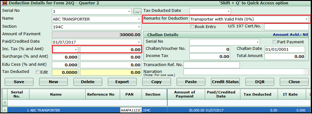 tds on transporter in saral tds - enter the payment amount