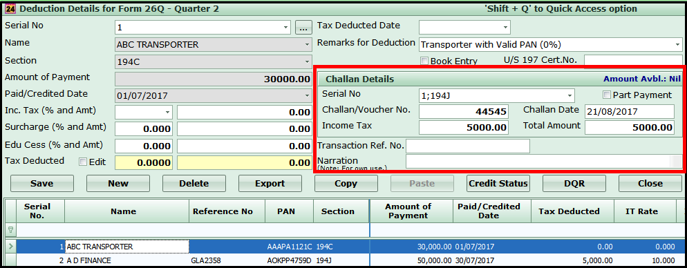 tds on transporter in saral tds - save the particular challan