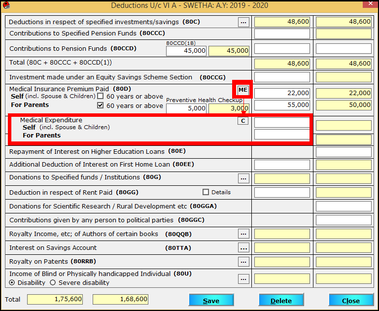 Chapter VI-A entry in Saral TDS - 10 80D medical expenditure