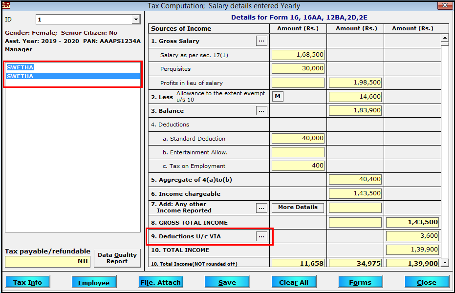 Chapter VI-A entry in Saral TDS - 2 Selection