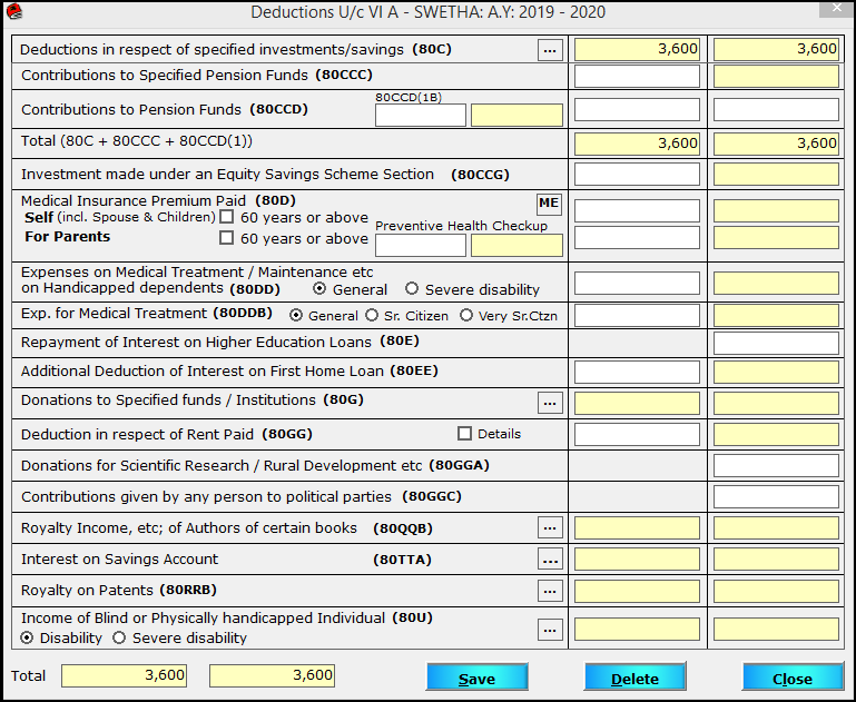 Chapter VI-A entry in Saral TDS - 3 Entry screen