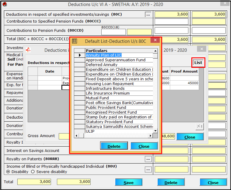 Chapter VI-A entry in Saral TDS - 5 80C list