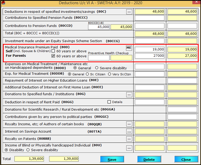 Chapter VI-A entry in Saral TDS - 8 80D