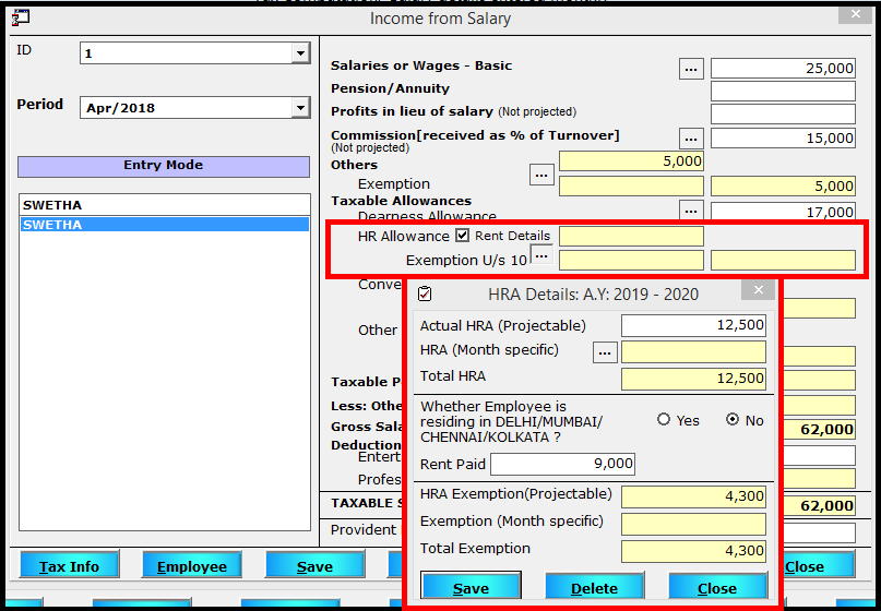 Salary Entry in Saral TDS - HRA as mentioned in the payslip