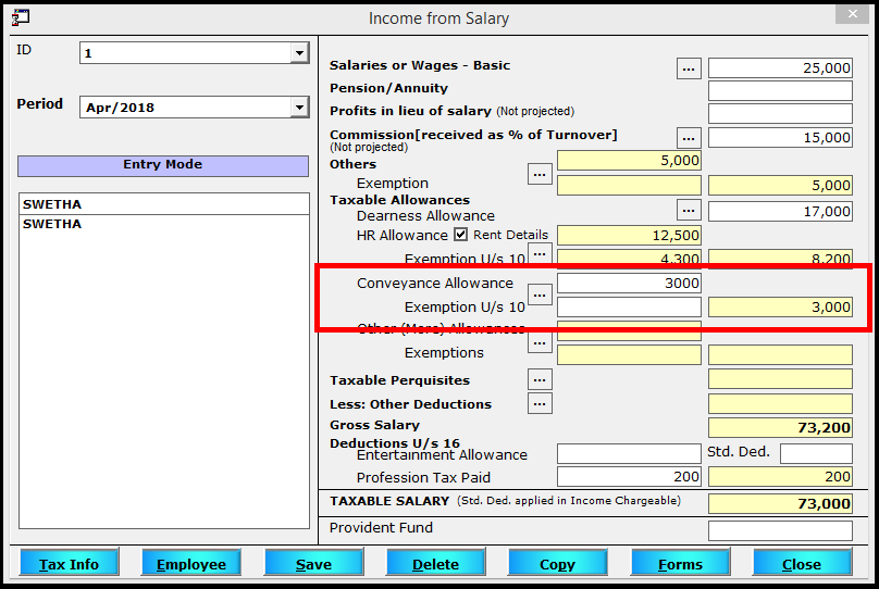 Salary Entry in Saral TDS- conveyance allowance as mentioned in the payslip