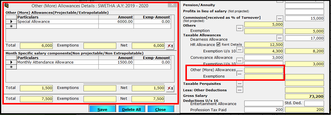 Salary Entry in Saral TDS - enter other allowance