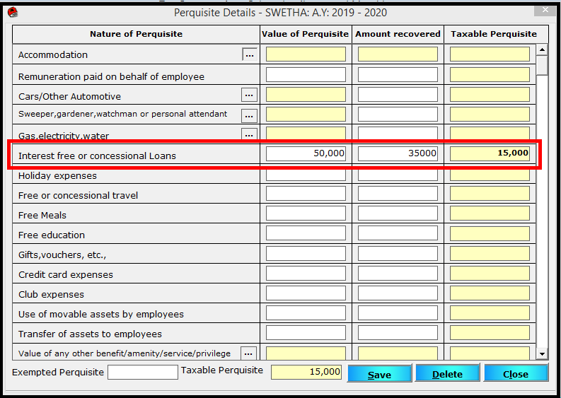 Salary Entry in Saral TDS - select required perquisite type