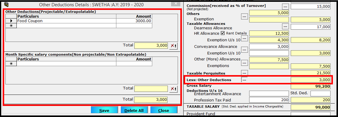 Salary Entry in Saral TDS - other deductions