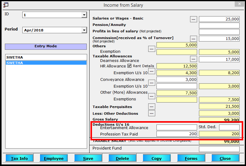 Salary Entry in Saral TDS - enter the Deductions u/s 16