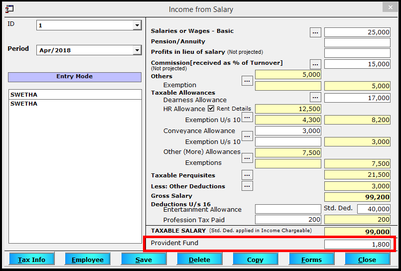 Salary Entry in Saral TDS - enter the PF deduction