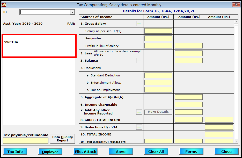 Salary Entry in Saral TDS - Deductee master window