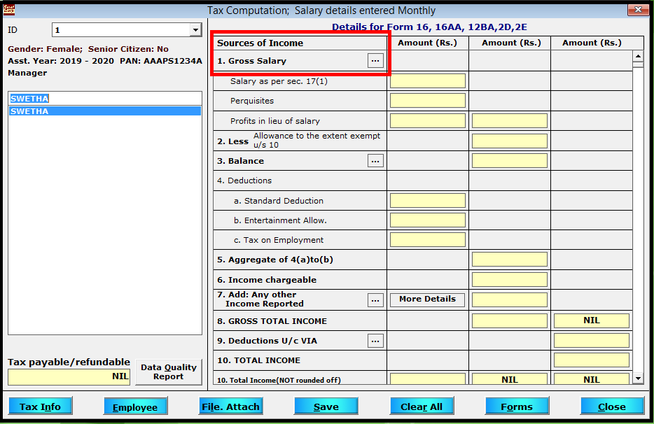 Salary Entry in Saral TDS - select employee list