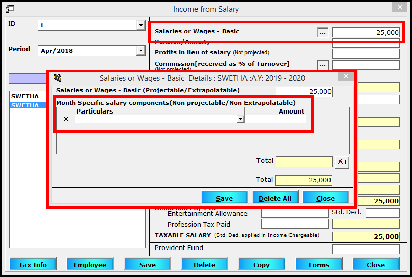 Salary Entry in Saral TDS- enter the basic amount