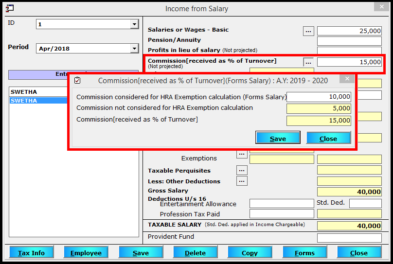Salary Entry in Saral TDS - commission if any, received