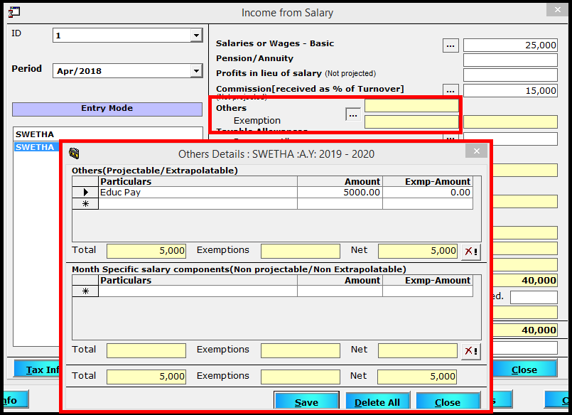 Salary Entry in Saral TDS - any other income received by the employee