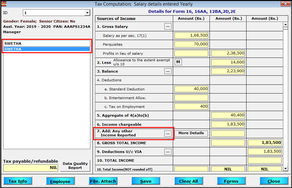 Other Sources of Income entry in Saral TDS - select employee