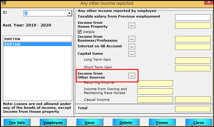 Other Sources of Income entry in Saral TDS - click on three dotted lines