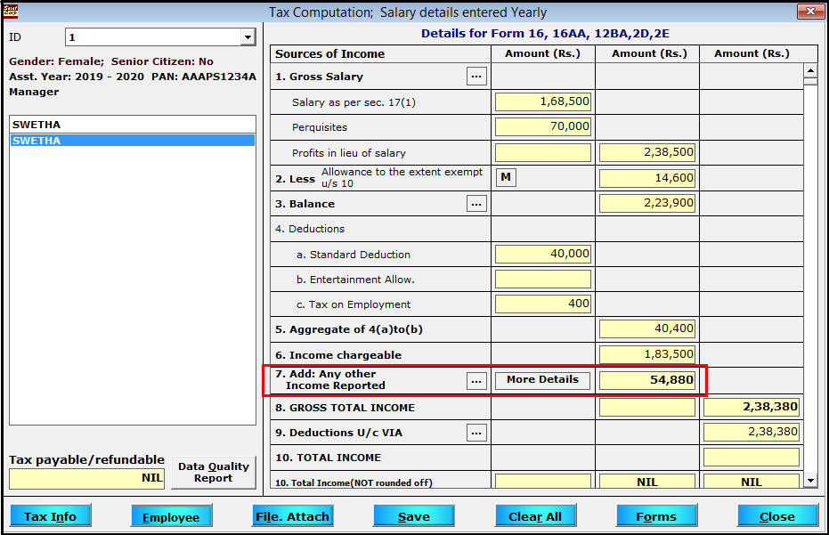 Other Sources of Income entry in Saral TDS - view the total income computed