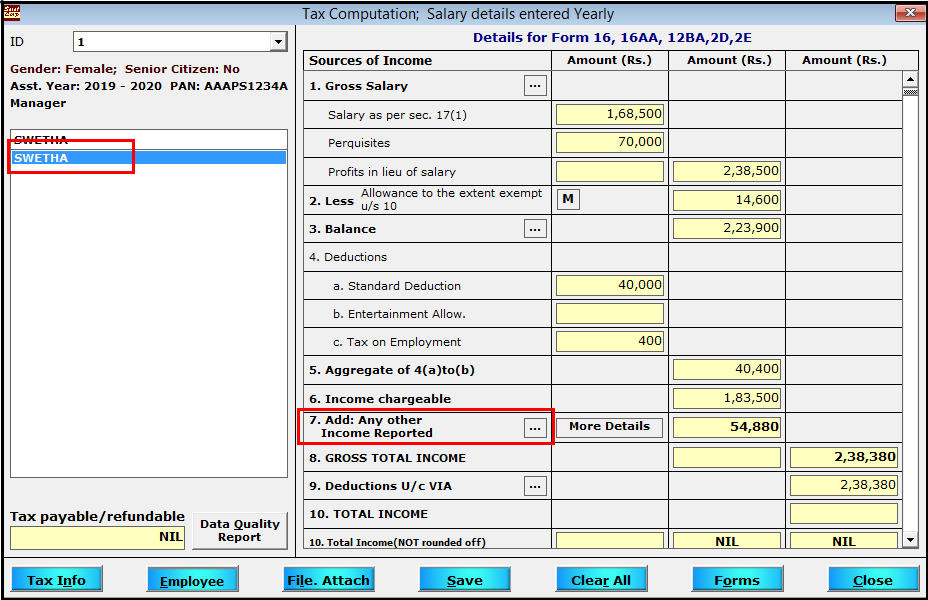 Previous Employment details in Saral TDS - any other income reported