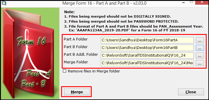 Process to Merge Part A and Part B of Form 16 in Saral TDS - Merging window