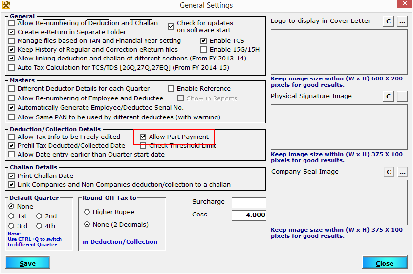 2.Part Payment in Saral TDS-Enable allow part payment.