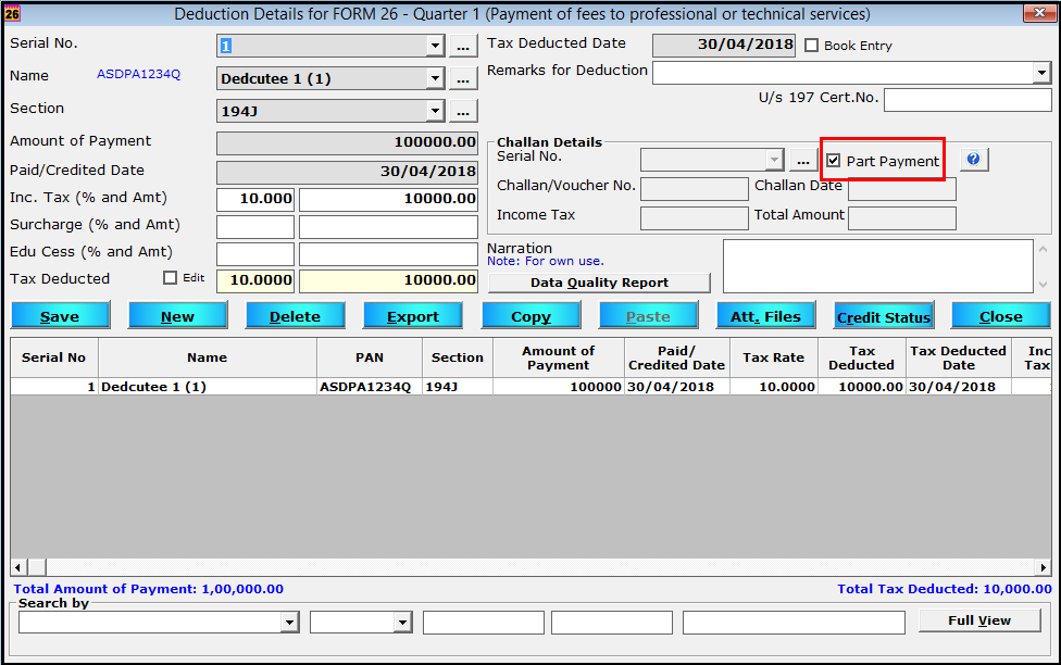3.Part Payment in Saral TDS-Enable part payment option