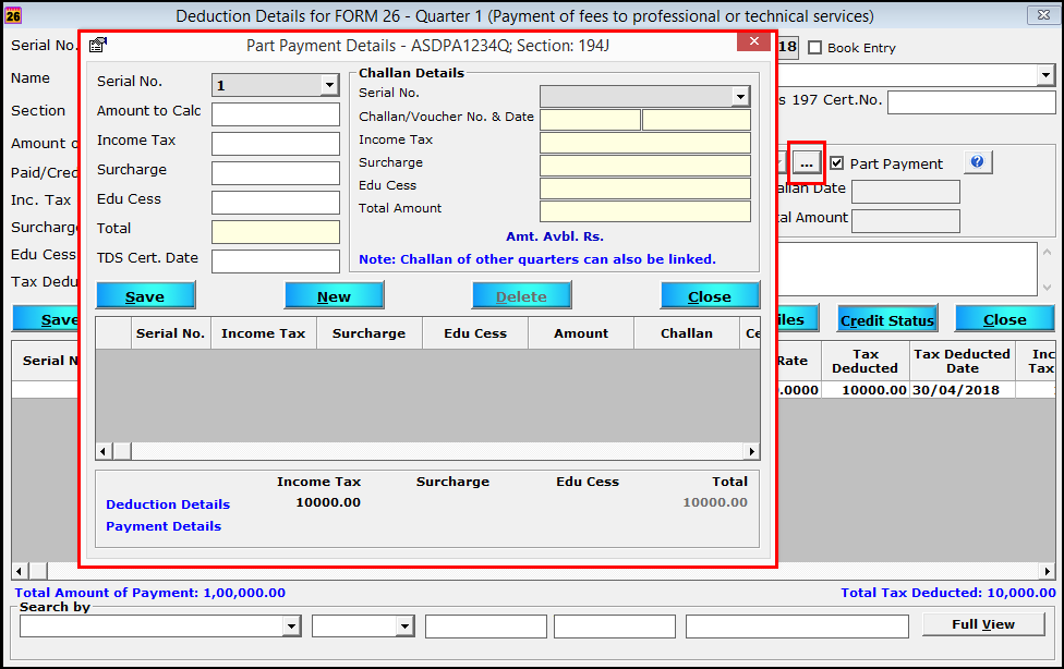 4.Part Payment in Saral TDS-Display part payment details