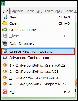 1.Create a new file from an existing file in Saral TDS-File menu