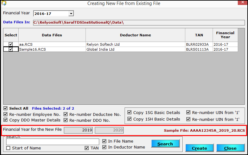 12.Create a new file from an existing file in Saral TDS-Enter FY