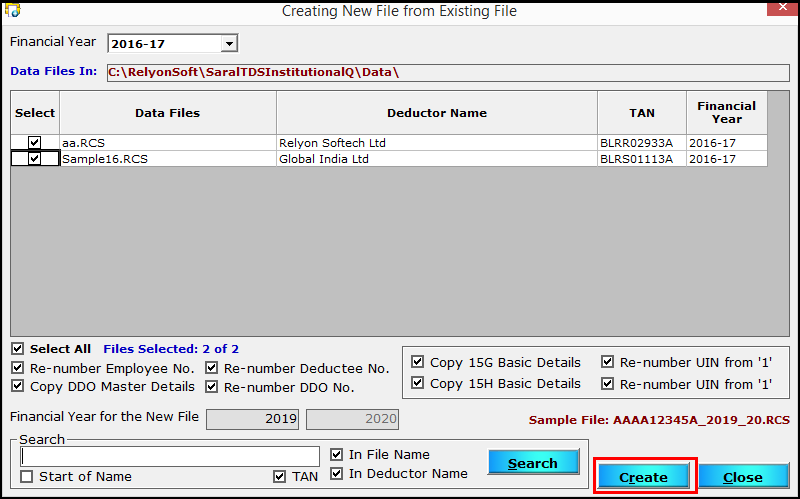 13.Create a new file from an existing file in Saral TDS - Create to create files.