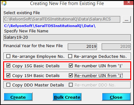 5.Create a new file from an existing file in Saral TDS-UIN Form 1.