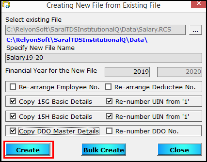 7.Create a new file from an existing file in Saral TDS-Create