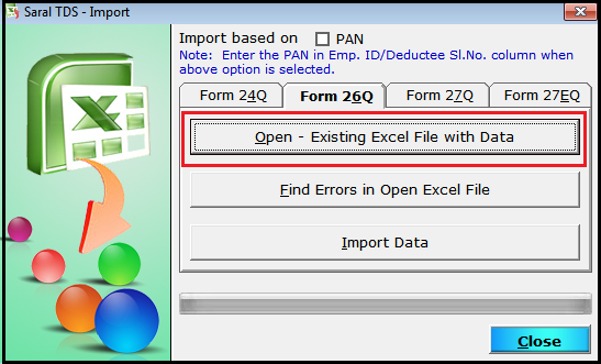 import and export of details in saral tds 9- import window
