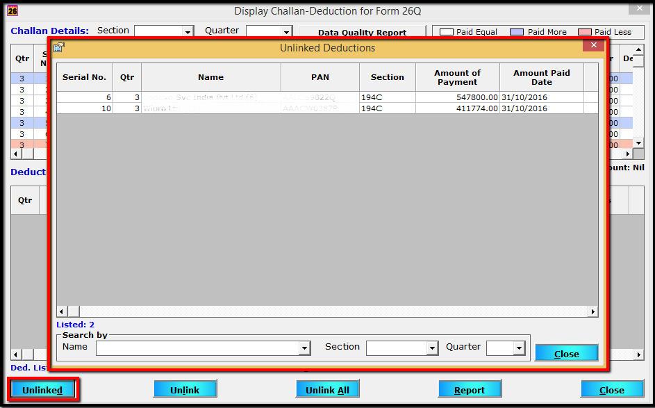 6.Display Linked Challans-Unlinked