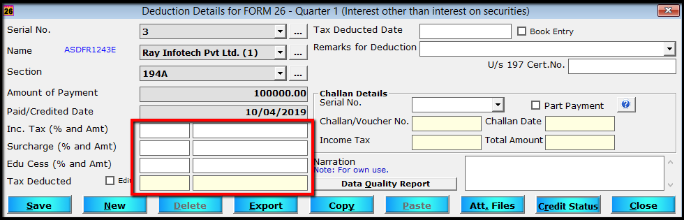 2.b.Deduction details entry in Saral TDS for Form 15G15H-zero