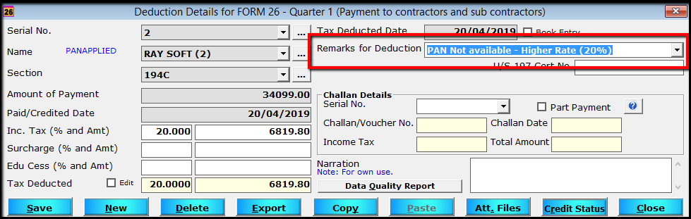 3.c.Deduction details entry for PAN not available-higher rate