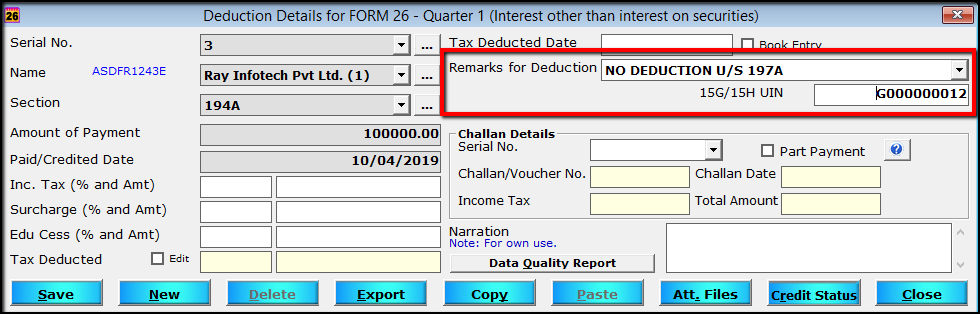 3.c.Deduction details entry in Saral TDS for Form 15G15H-197a