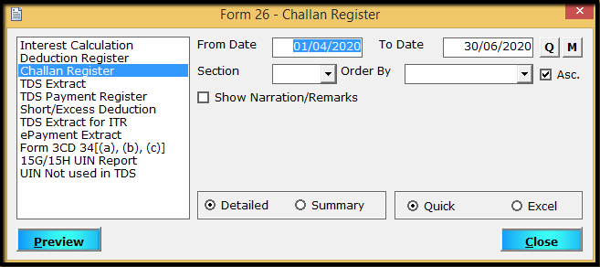 11.MIS reports in Form 26Q part 1-challan register