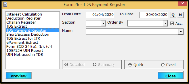 14.MIS reports in Form 26Q part 1-tds payment register